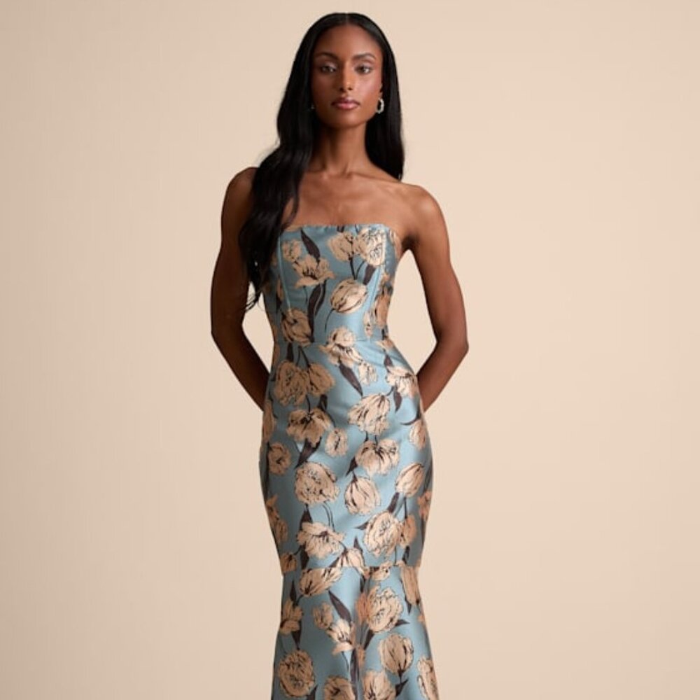 NWT Lulus Gowning Around Slate Blue Floral Jacquard Strapless Maxi Dress - Small